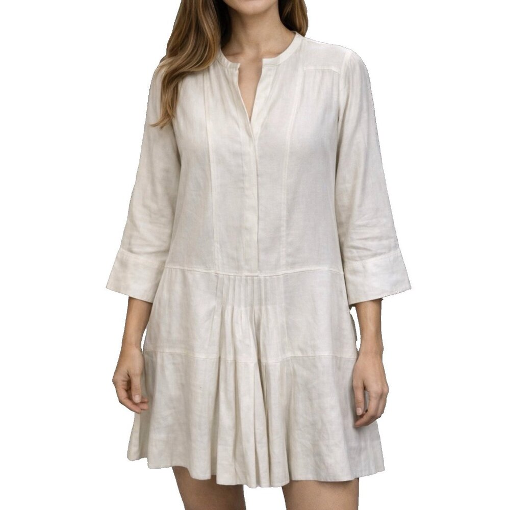 VINCE Off White Linen Blend Pleated Mini Sheath Boho Dress